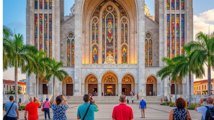 Catedral de La Inmaculada Concepción en La Vega, República Dominicana, vista frontal con arquitectura moderna y vitrales, punto clave del turismo religioso y cultural.